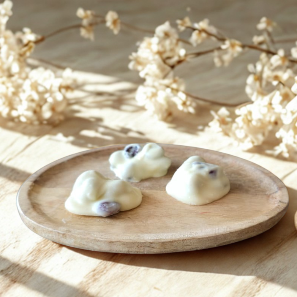 Chocosnack wit-yoghurt-cranberry. Visser chocolade