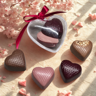 Plexiglas hartje, gevuld met 2 hartjesbonbons van Visser chocolade